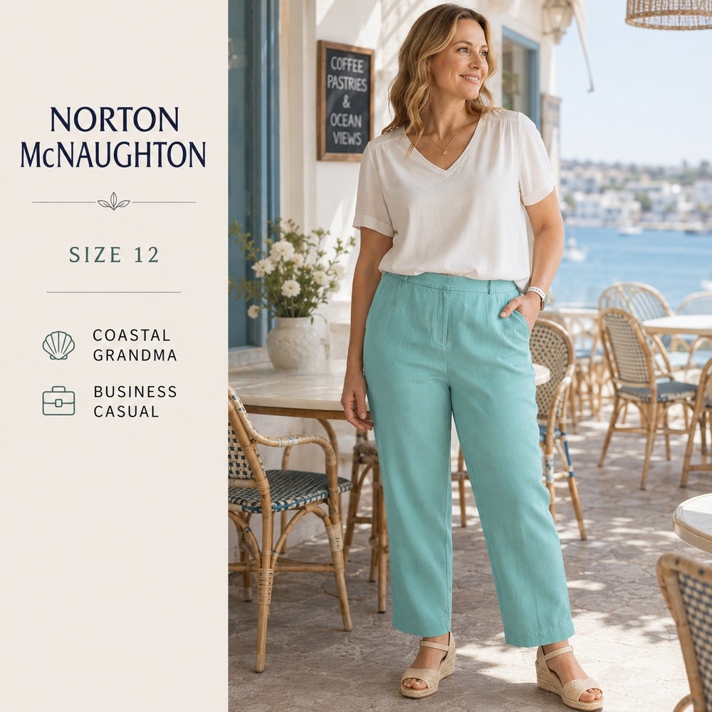 Norton McNaughton Trousers Womens 12 Teal Solid Straight High Rise 90s Linen Mix